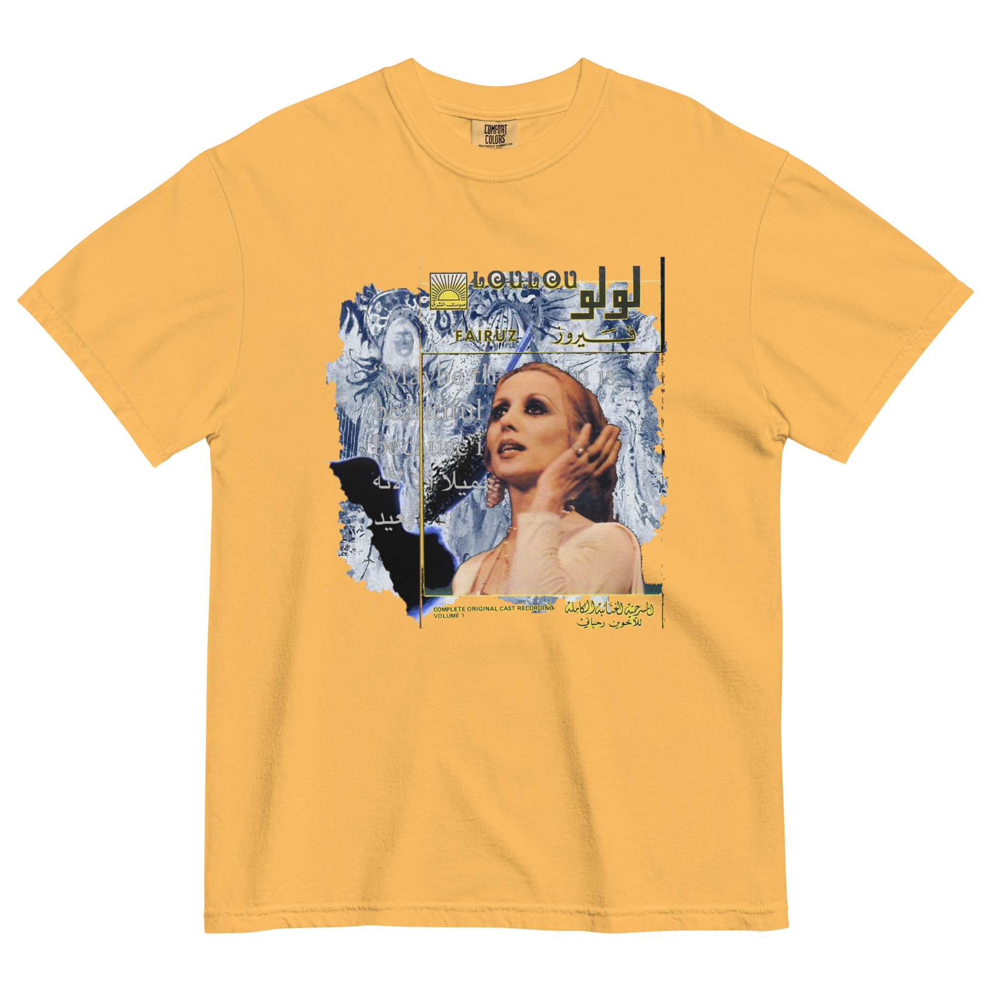 Yellow t-shirt with a surreal graphic design featuring a woman's face and abstract elements, texts all over