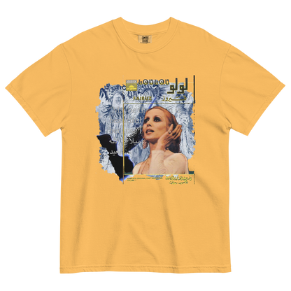 Yellow t-shirt with a surreal graphic design featuring a woman's face and abstract elements, texts all over