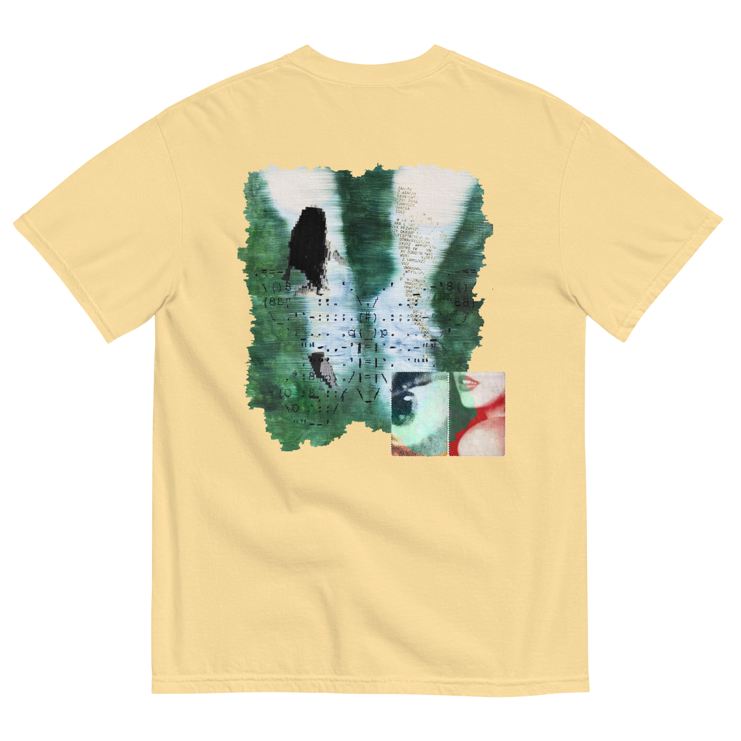 Beige t-shirt with a graphic design on the back featuring surreal nature elements with emotions