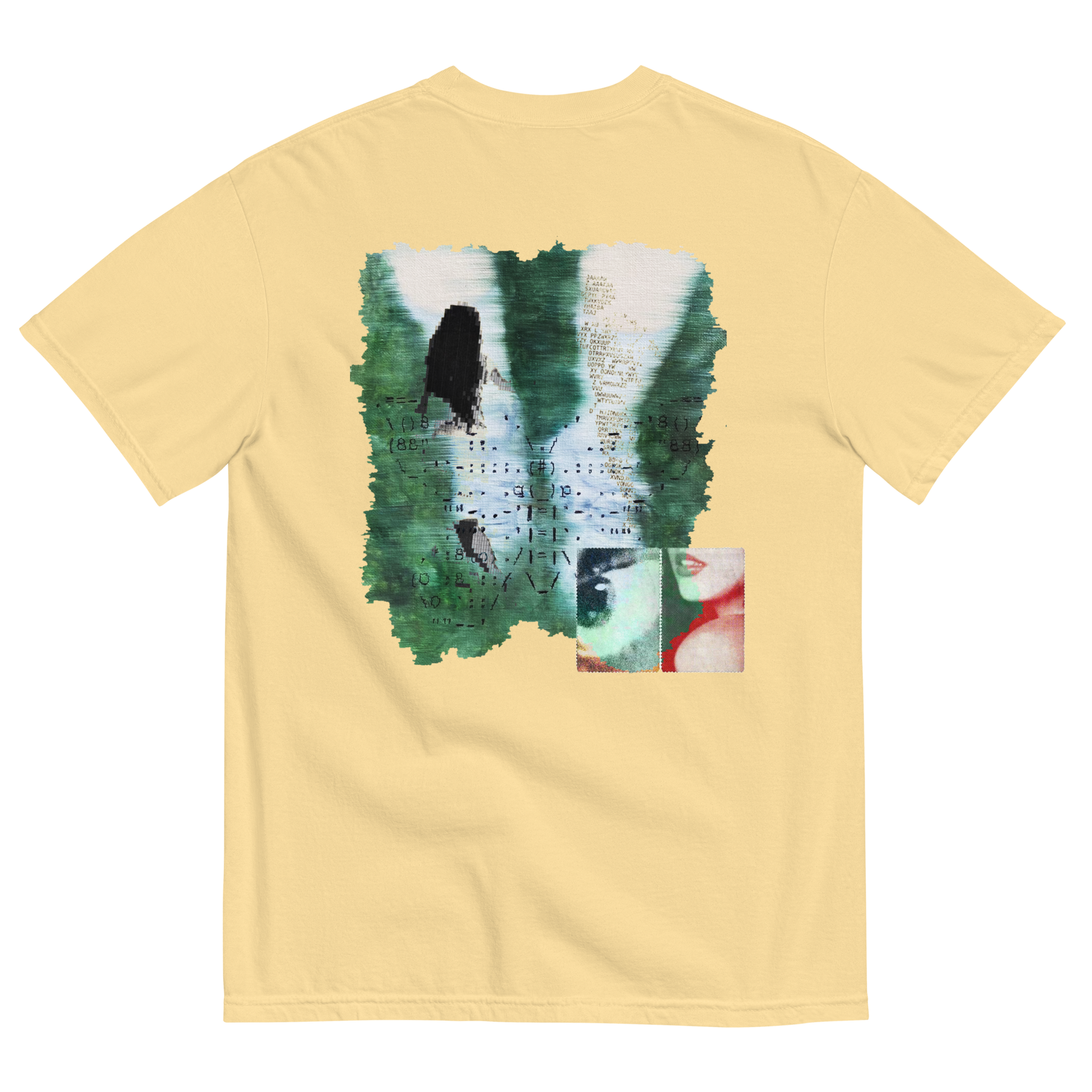 Beige t-shirt with a graphic design on the back featuring surreal nature elements with emotions