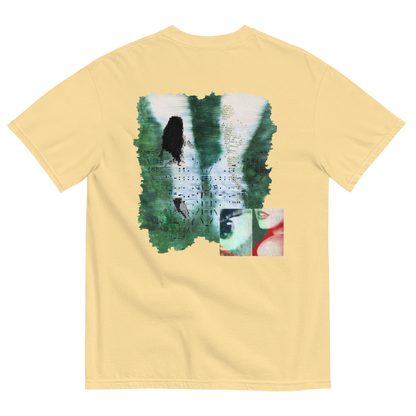 Beige t-shirt with a graphic design on the back featuring surreal nature elements with emotions