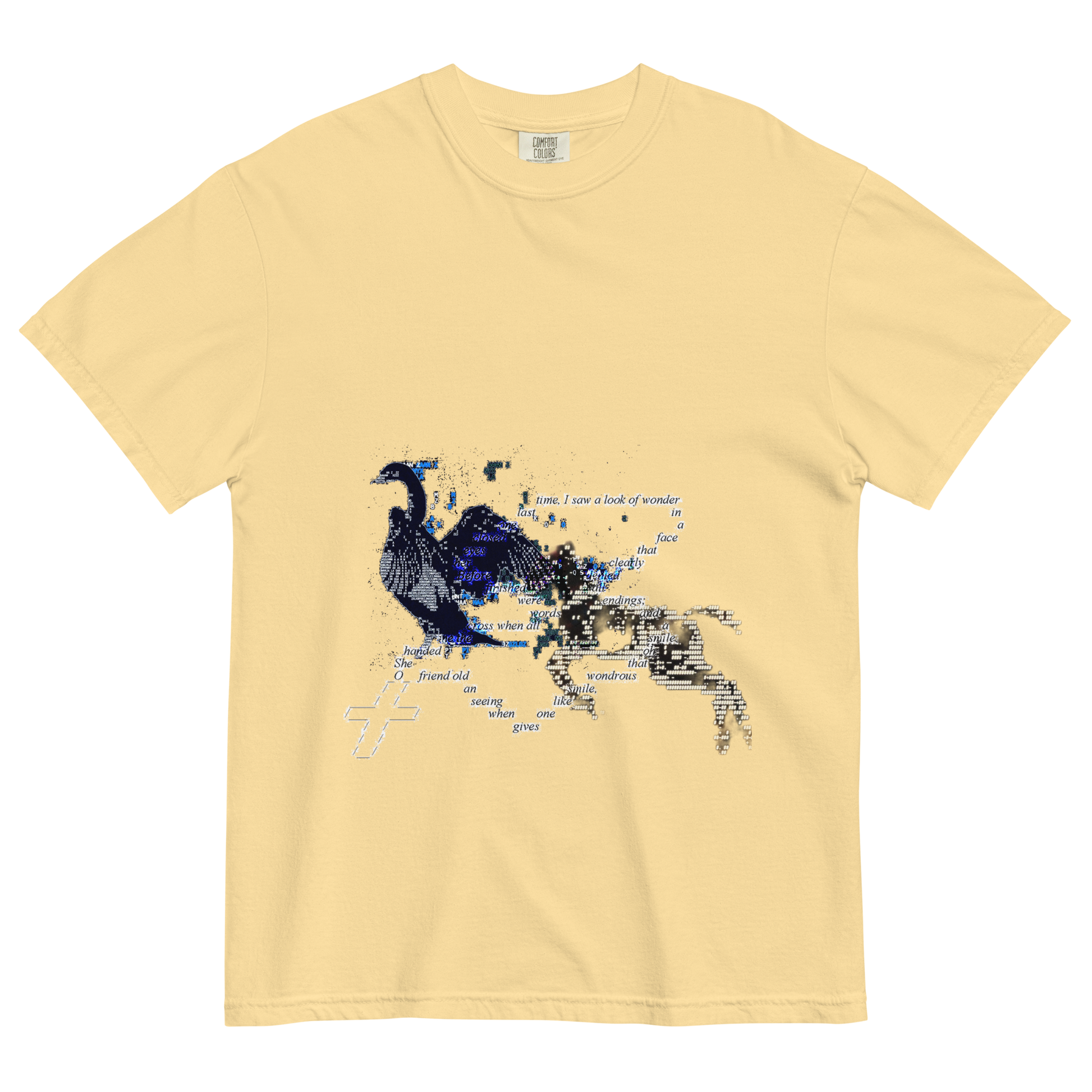 Beige t-shirt with a surreal design of a horse and goose with a text on a chain