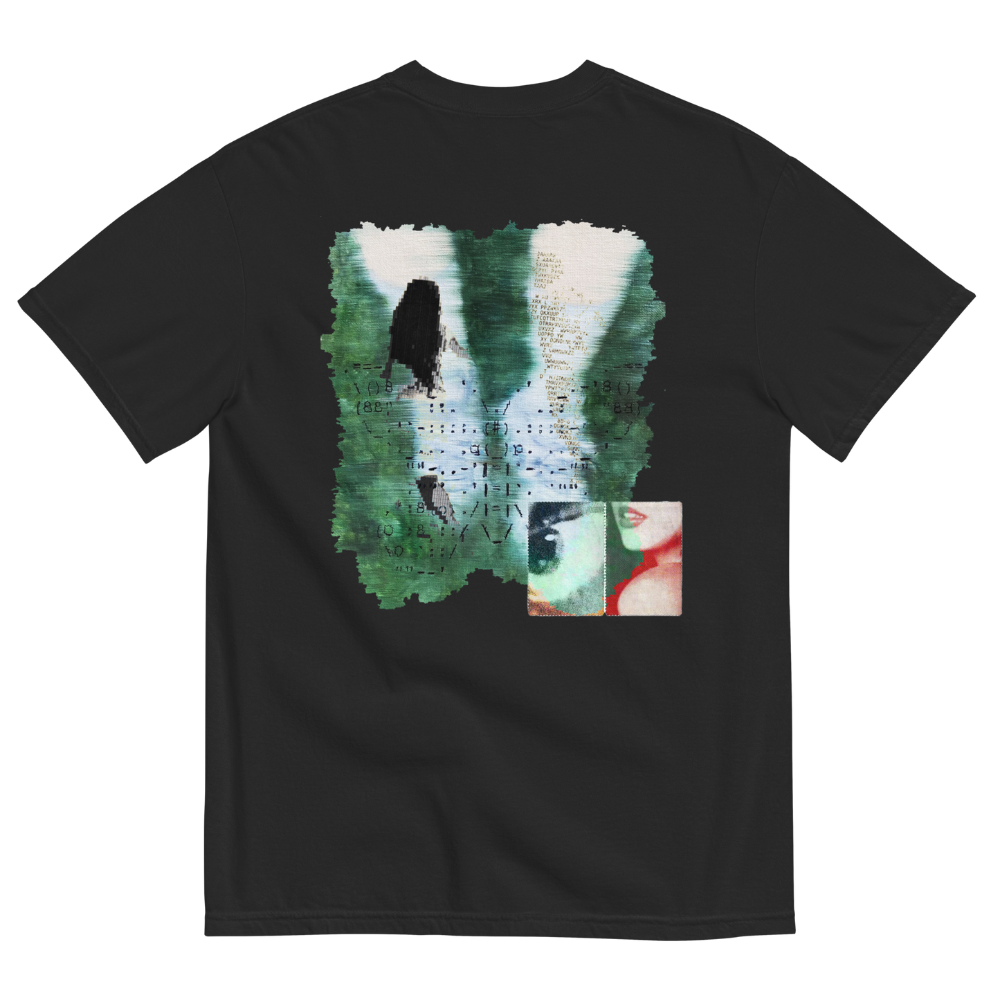 Black t-shirt with a graphic design on the back featuring surreal nature elements with emotions