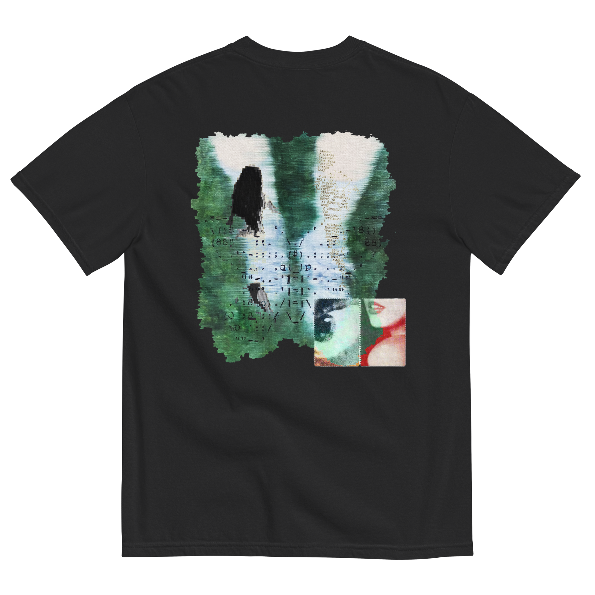 Black t-shirt with a graphic design on the back featuring surreal nature elements with emotions