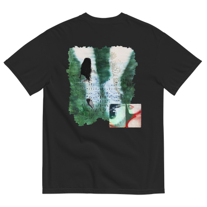 Black t-shirt with a graphic design on the back featuring surreal nature elements with emotions
