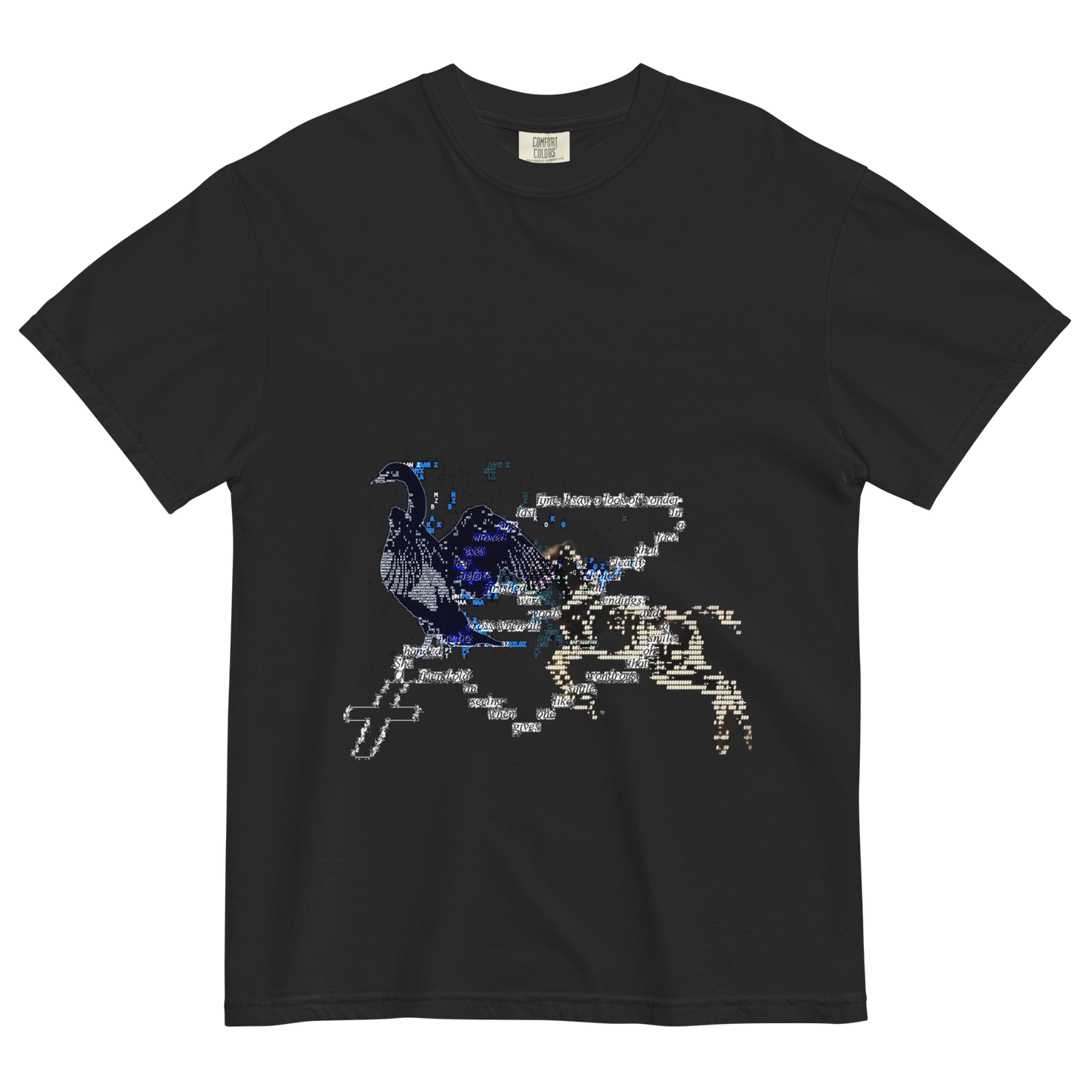 Black t-shirt with a surreal design of a horse and goose with a text on a chain
