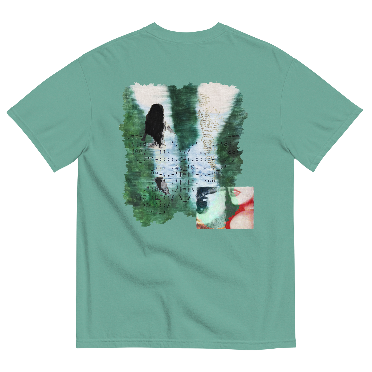 Green t-shirt with a graphic design on the back featuring surreal nature elements with emotions