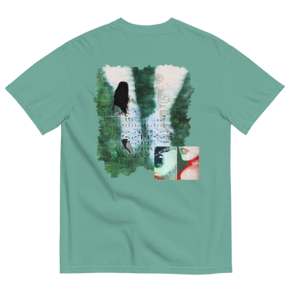 Green t-shirt with a graphic design on the back featuring surreal nature elements with emotions