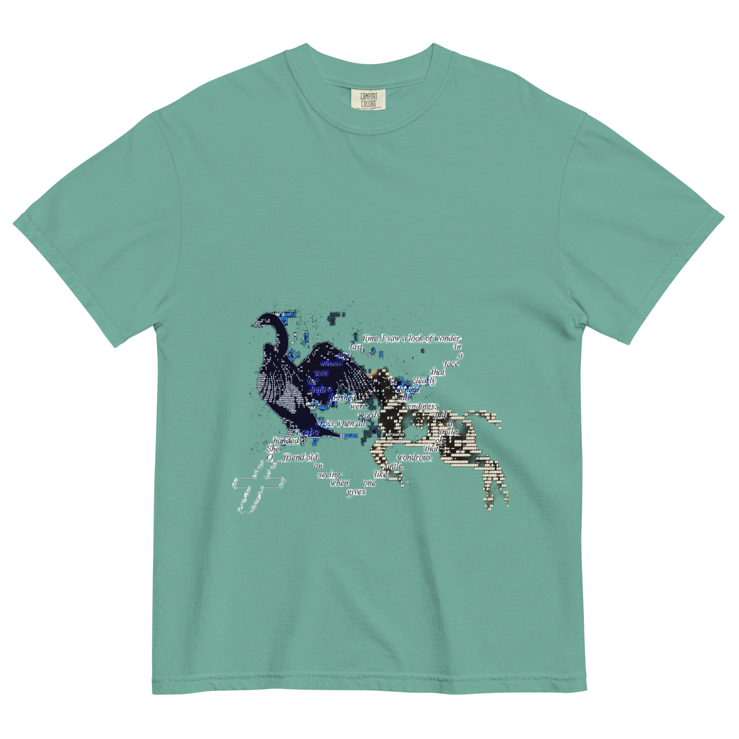 Green t-shirt with a surreal design of a horse and goose with a text on a chain