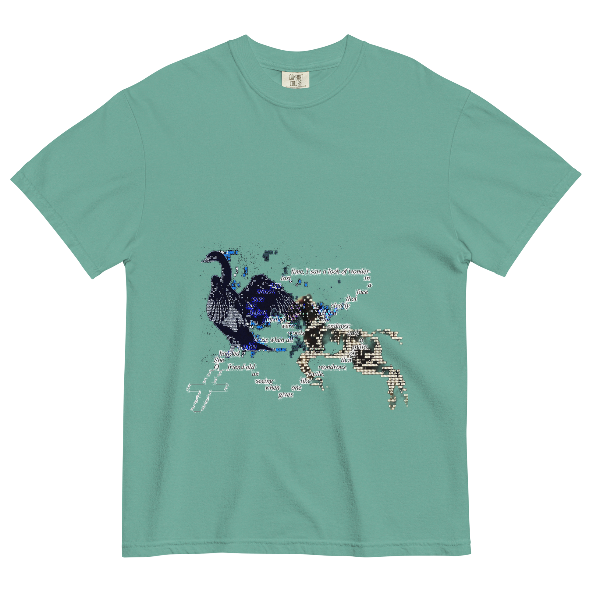 Green t-shirt with a surreal design of a horse and goose with a text on a chain