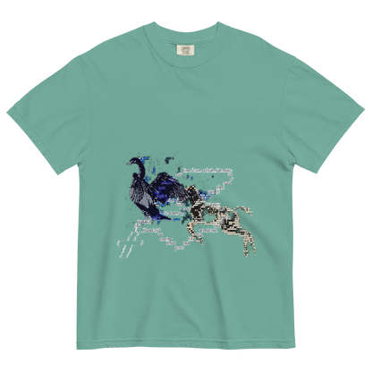 Green t-shirt with a surreal design of a horse and goose with a text on a chain