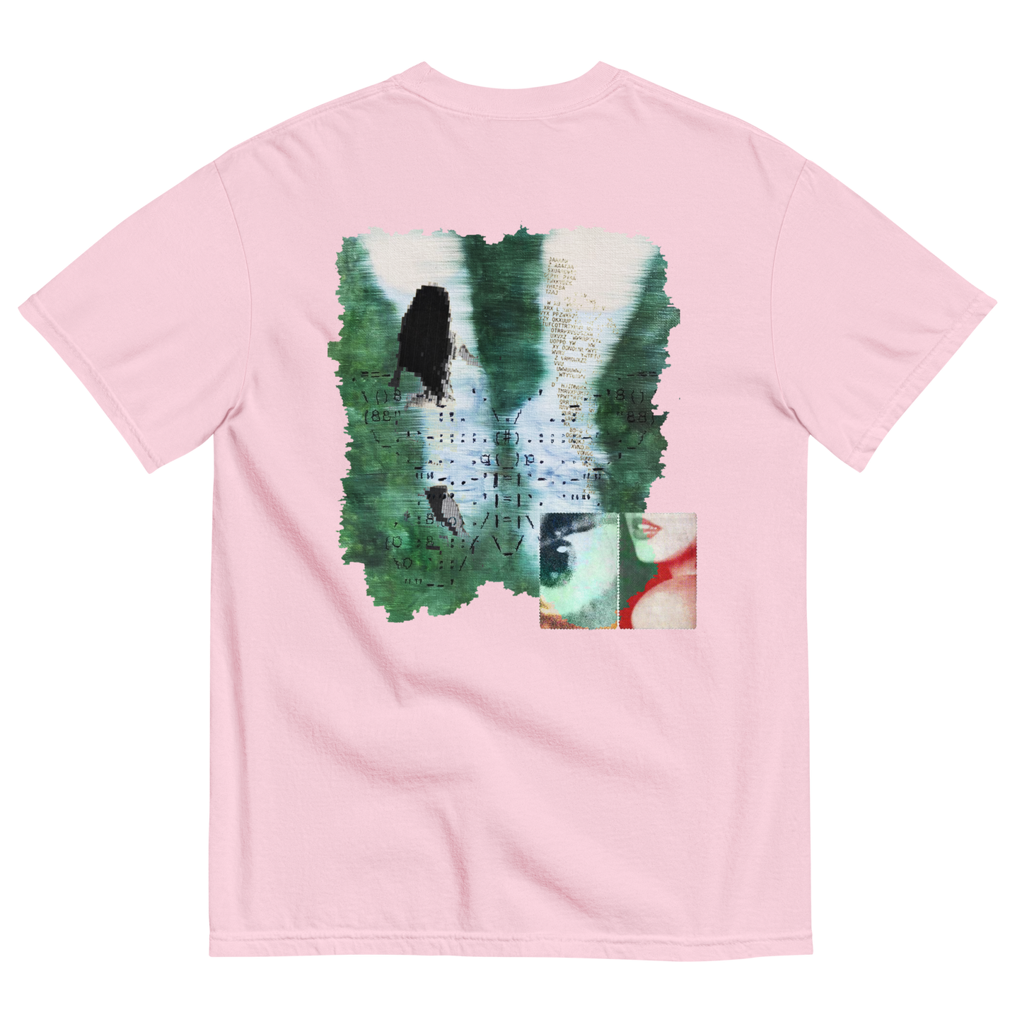 Pink t-shirt with a graphic design on the back featuring surreal nature elements with emotions