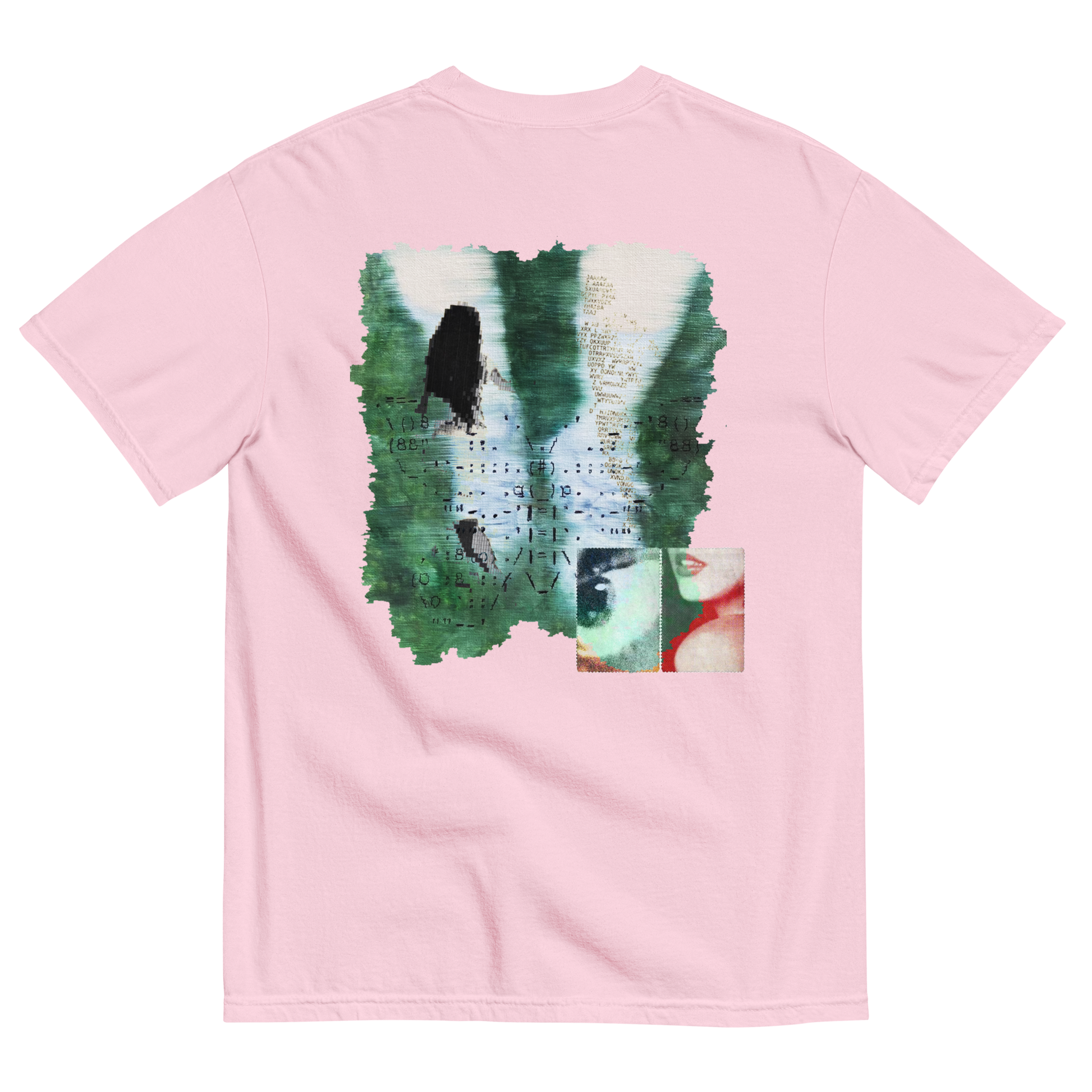 Pink t-shirt with a graphic design on the back featuring surreal nature elements with emotions