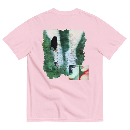 Pink t-shirt with a graphic design on the back featuring surreal nature elements with emotions