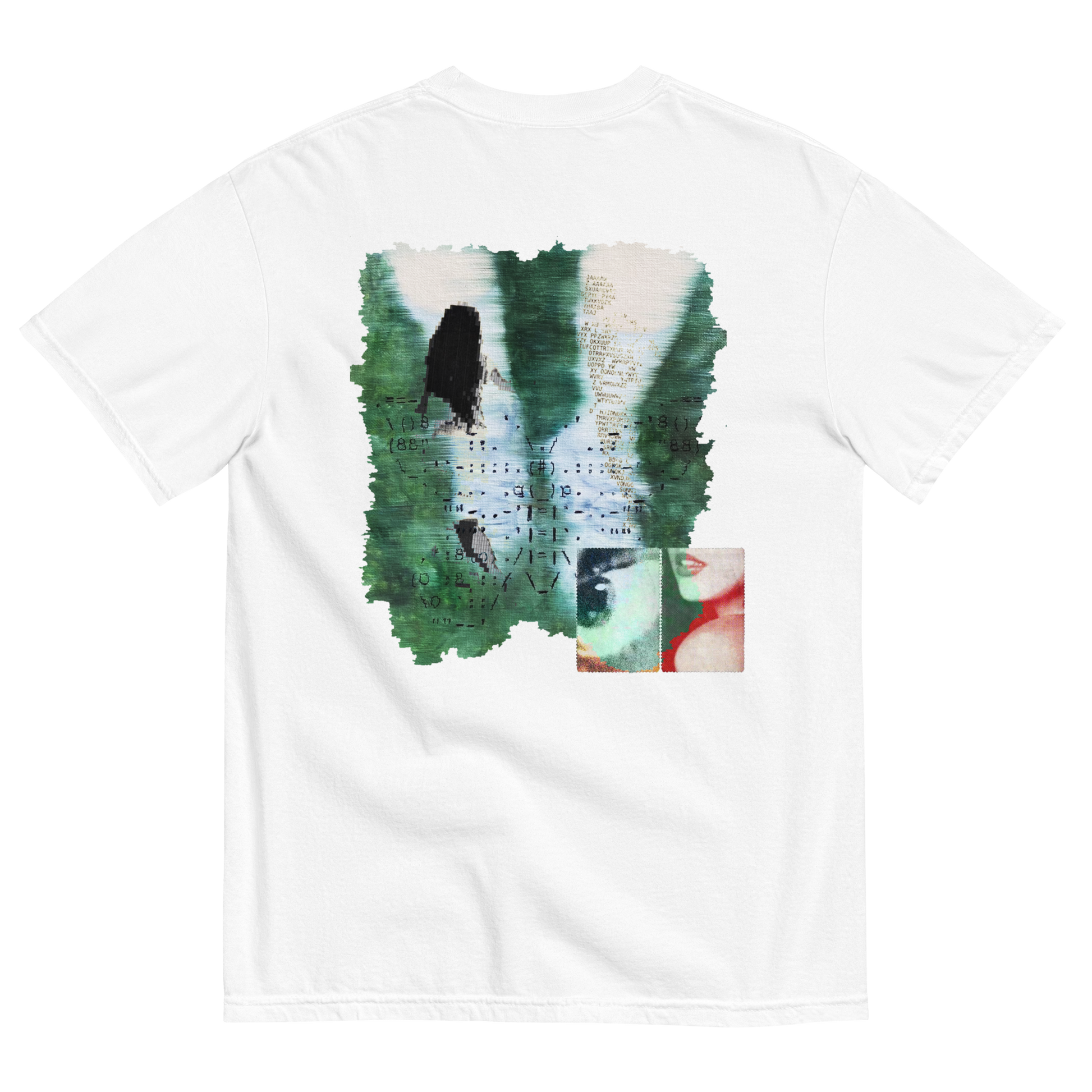 White t-shirt with a graphic design on the back featuring surreal nature elements with emotions