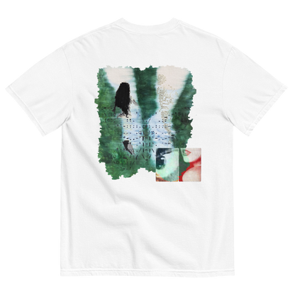 White t-shirt with a graphic design on the back featuring surreal nature elements with emotions