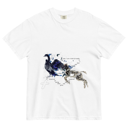 White t-shirt with a surreal design of a horse and goose with a text on a chain