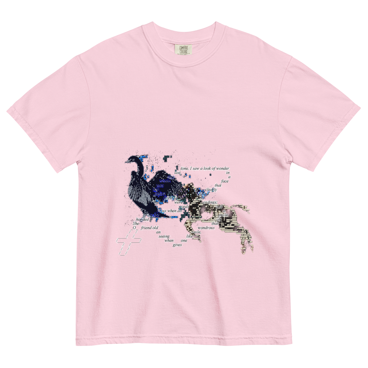 Pink t-shirt with a surreal design of a horse and goose with a text on a chain