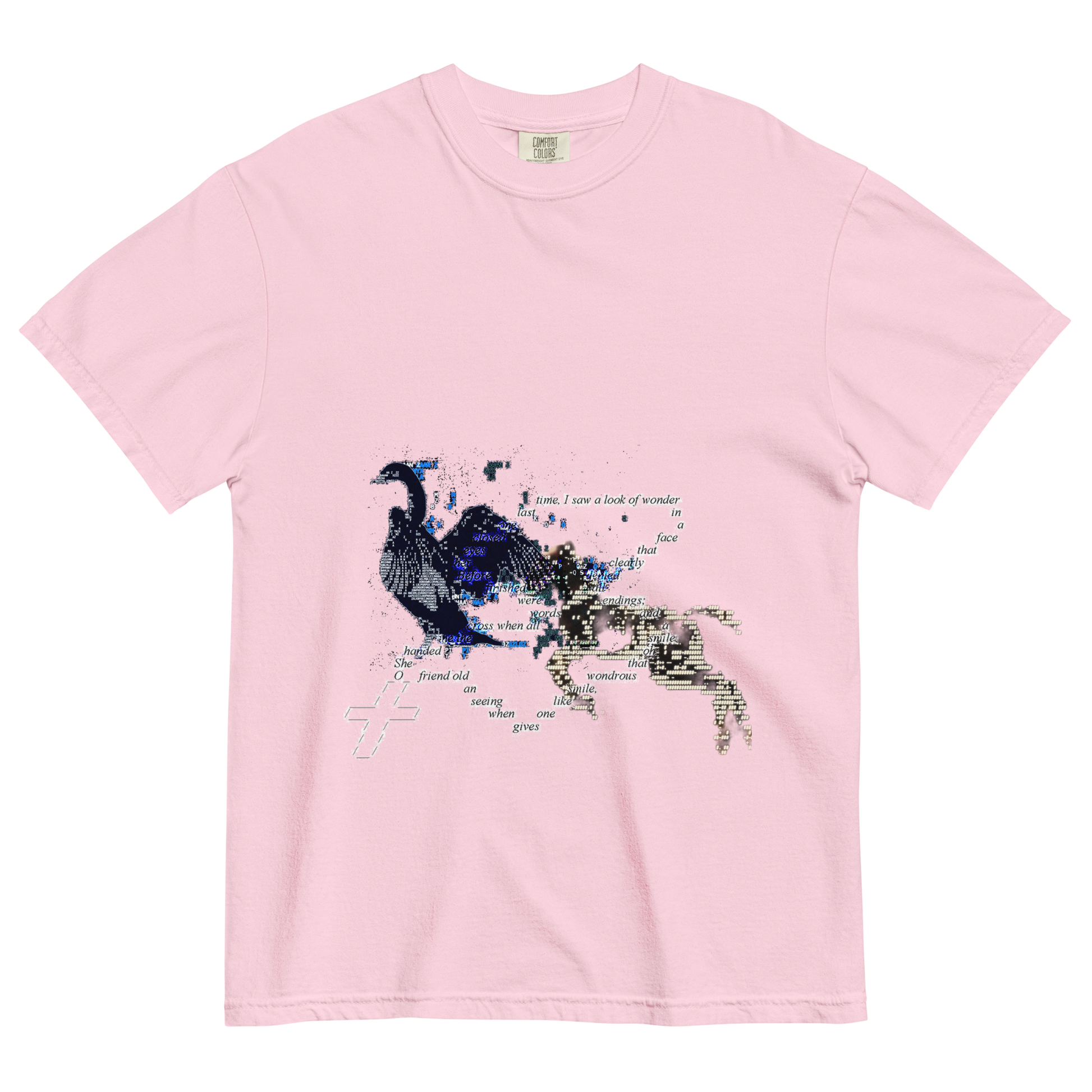 Pink t-shirt with a surreal design of a horse and goose with a text on a chain