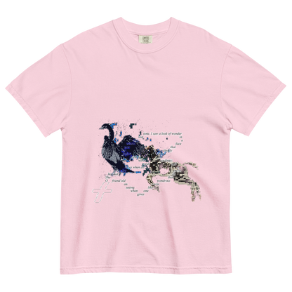 Pink t-shirt with a surreal design of a horse and goose with a text on a chain