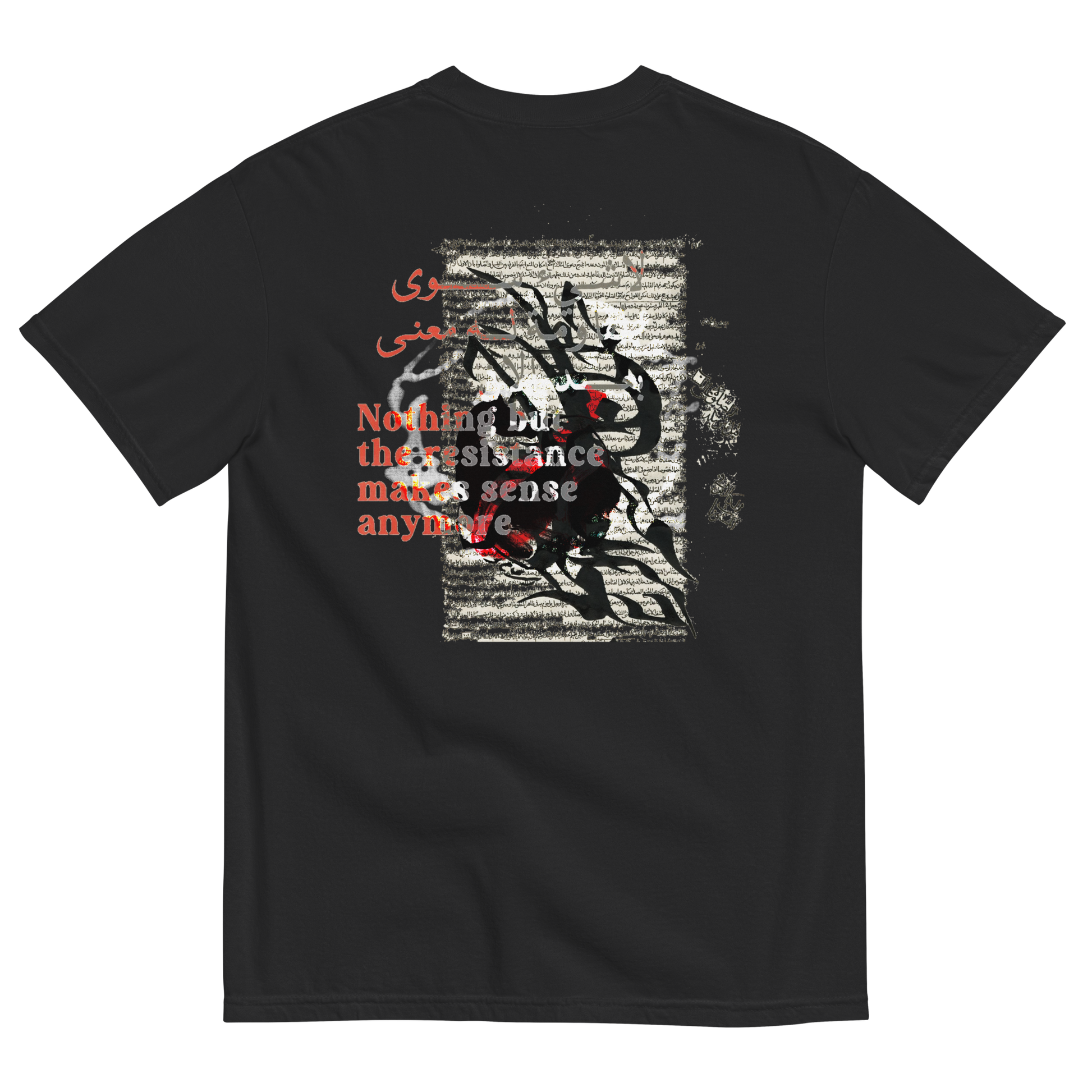 Black t-shirt with surreal design of a bunny & text on the back & over, with symbols
