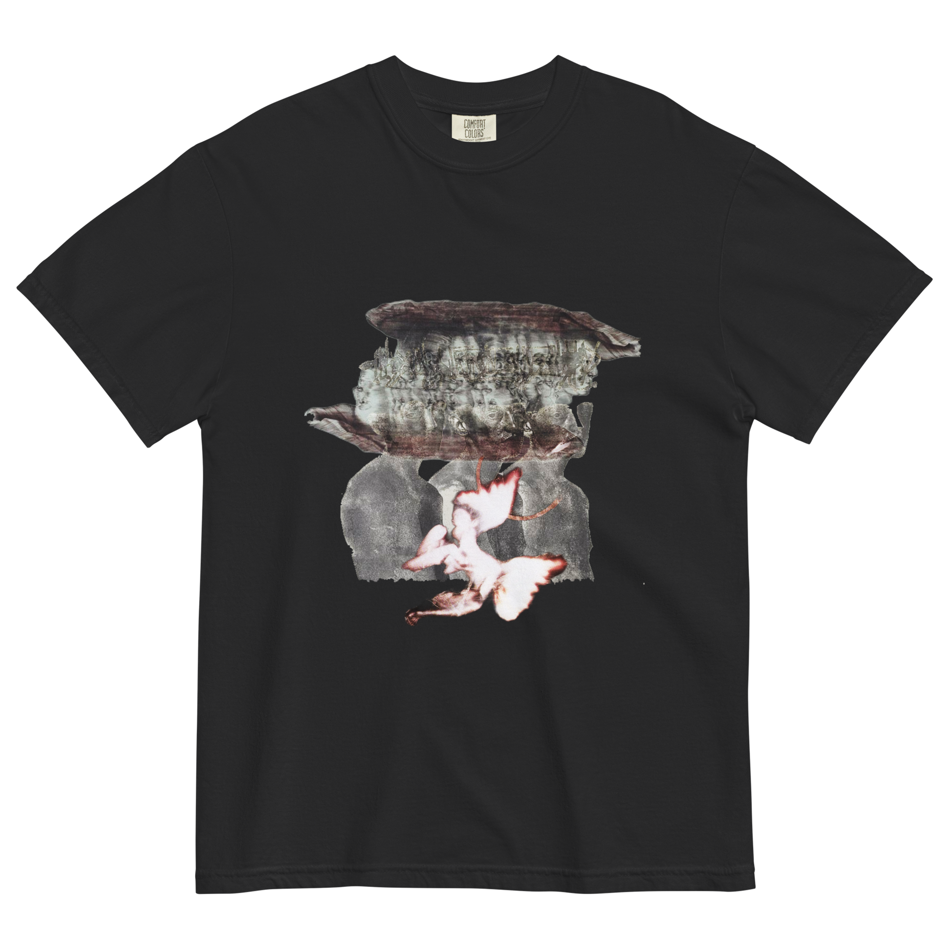 Black t-shirt with a surreal design of people and forest elements