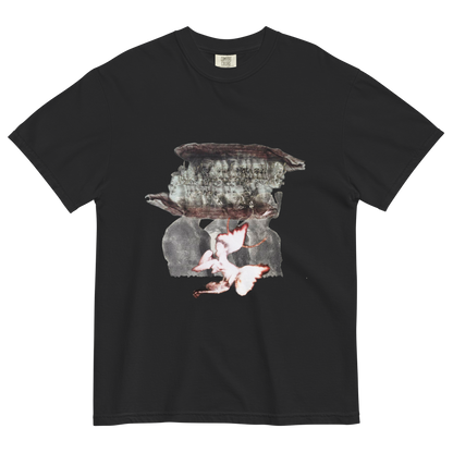Black t-shirt with a surreal design of people and forest elements