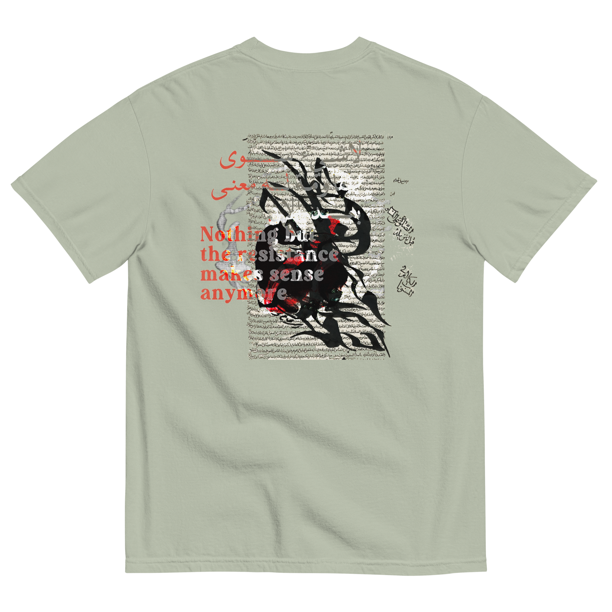 Gray t-shirt with surreal design of a bunny & text on the back & over, with symbols
