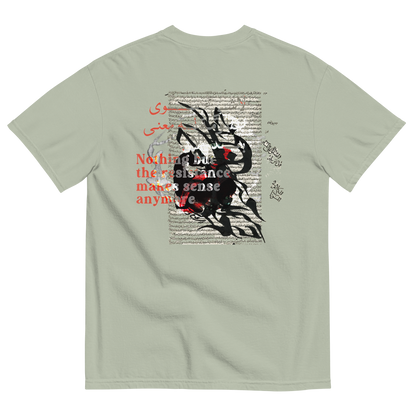 Gray t-shirt with surreal design of a bunny & text on the back & over, with symbols