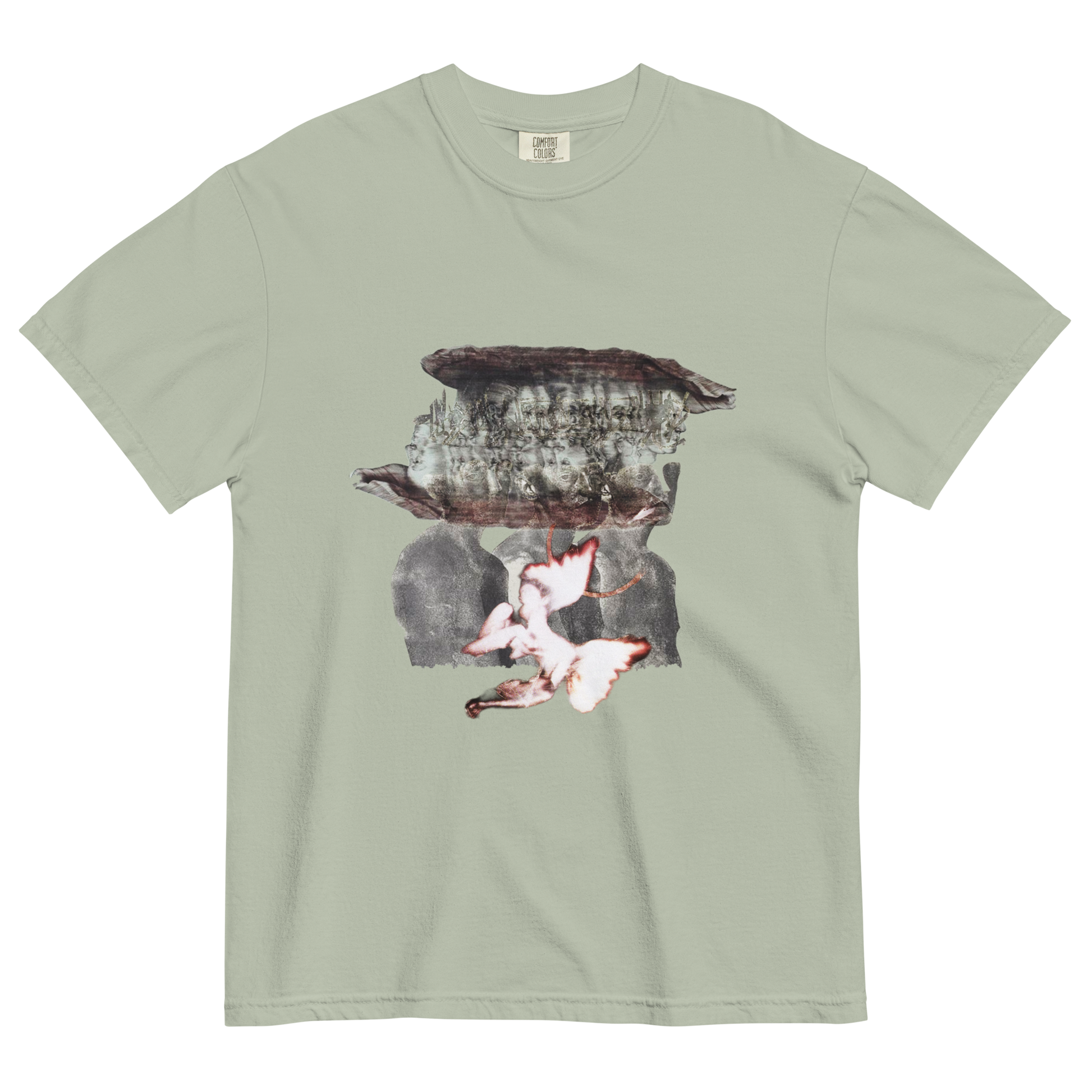 Gray t-shirt with a surreal design of people and forest elements
