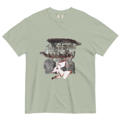 Gray t-shirt with a surreal design of people and forest elements