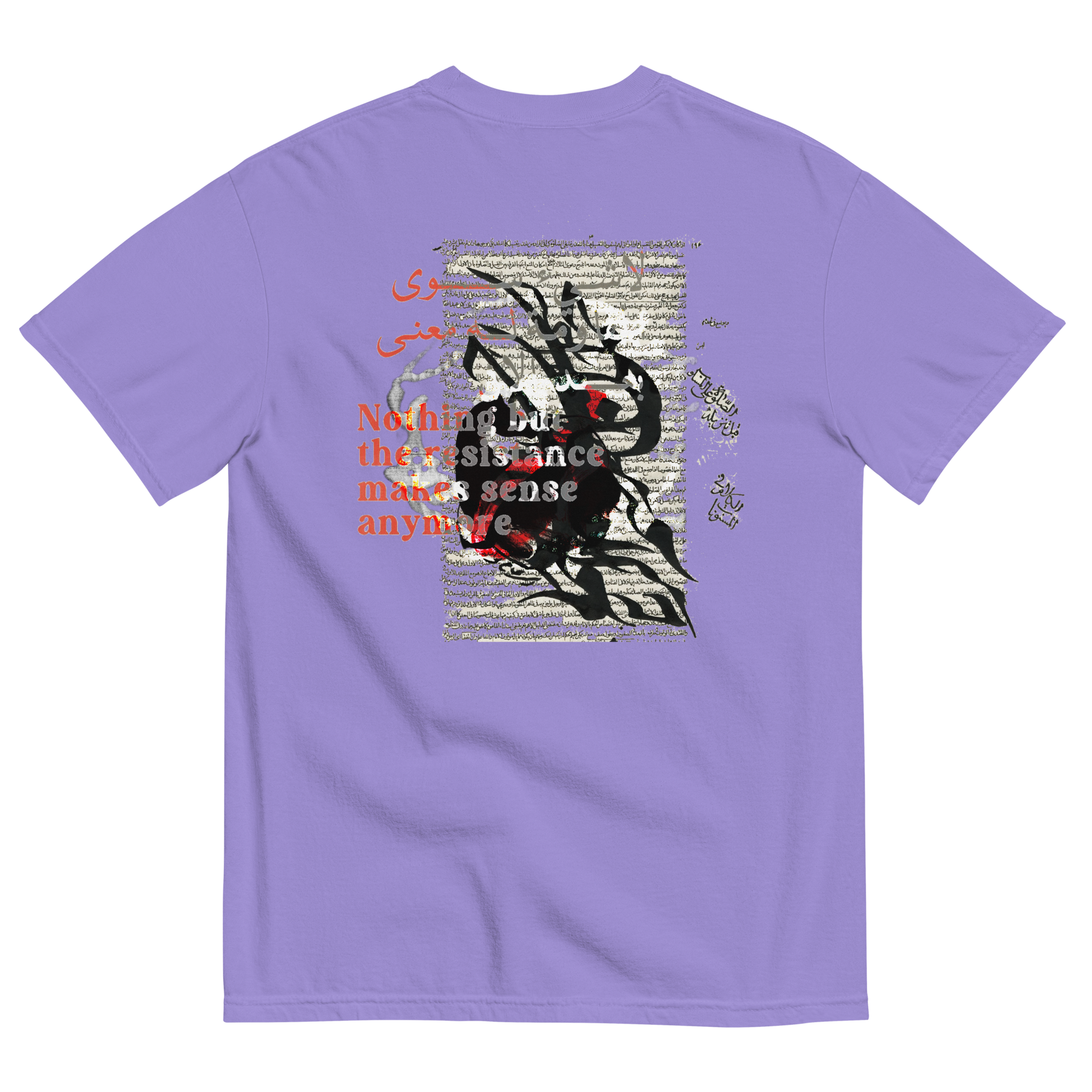 Violet t-shirt with surreal design of a bunny & text on the back & over, with symbols