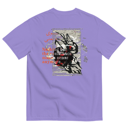Violet t-shirt with surreal design of a bunny & text on the back & over, with symbols