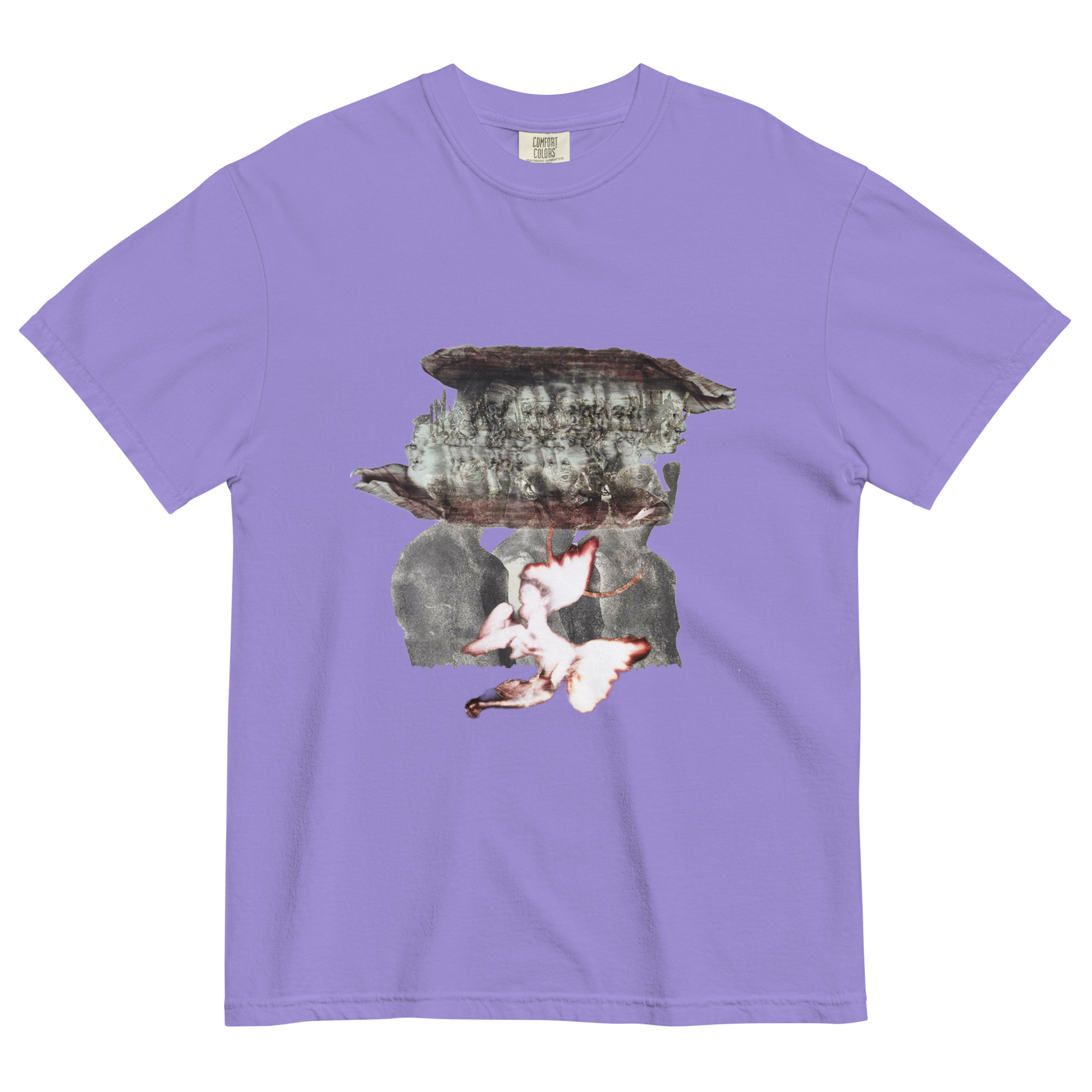 Violet t-shirt with a surreal design of people and forest elements with a flower 