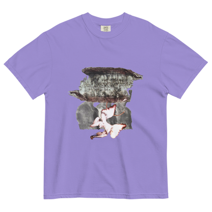 Violet t-shirt with a surreal design of people and forest elements with a flower 