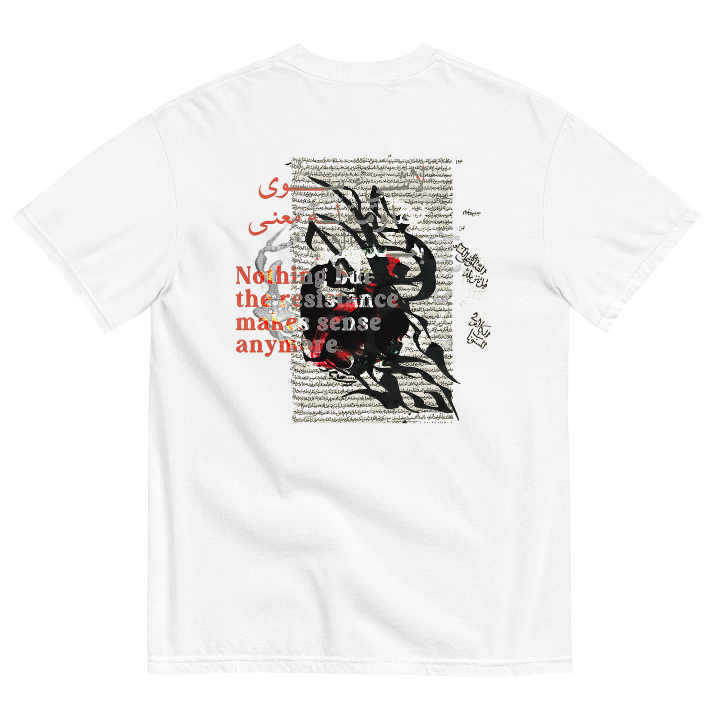 White t-shirt with surreal design of a bunny & text on the back & over, with symbols