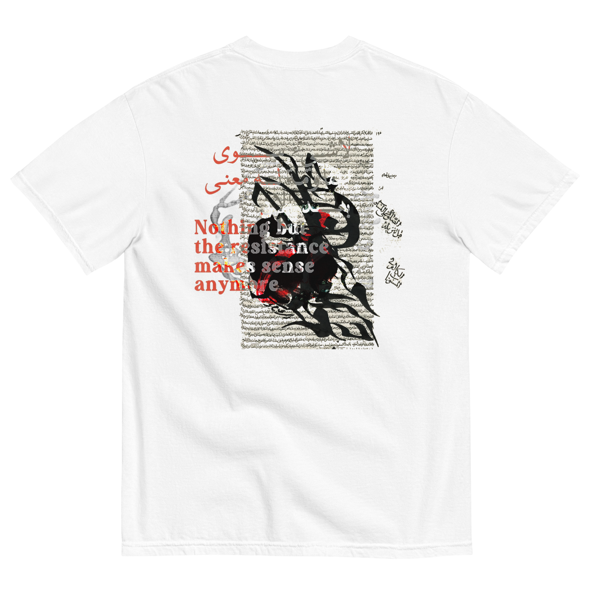 White t-shirt with surreal design of a bunny & text on the back & over, with symbols