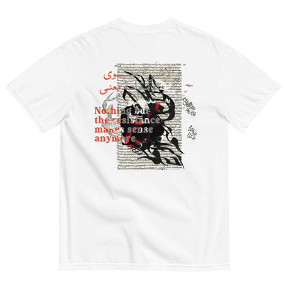 White t-shirt with surreal design of a bunny & text on the back & over, with symbols