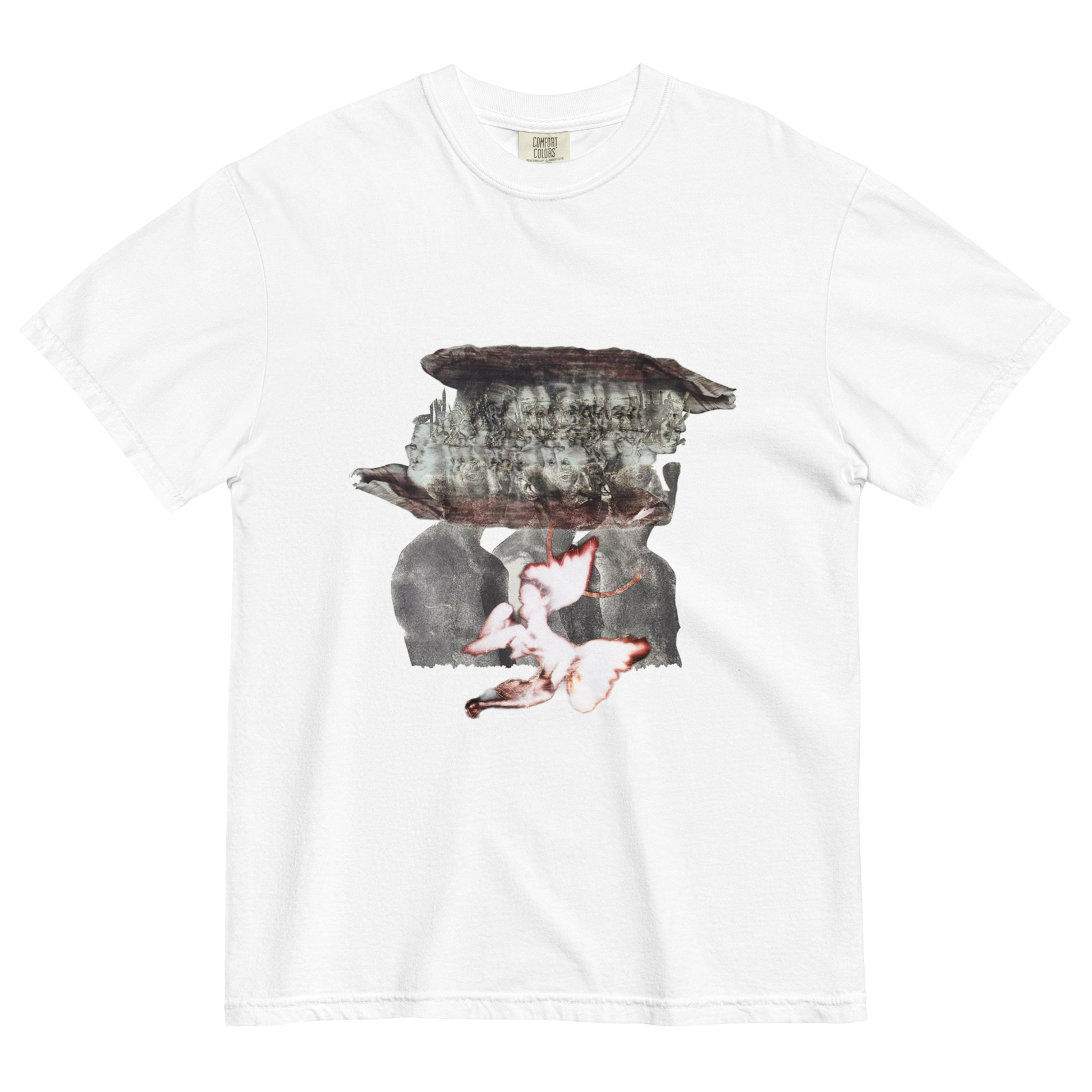White t-shirt with a surreal design of people and forest elements