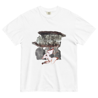 White t-shirt with a surreal design of people and forest elements