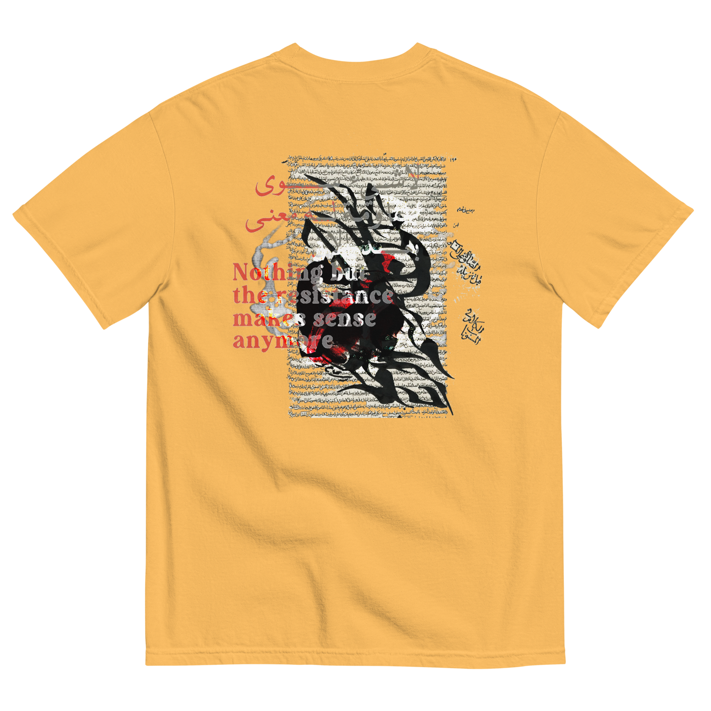 Yellow t-shirt with surreal design of a bunny & text on the back & over, with symbols