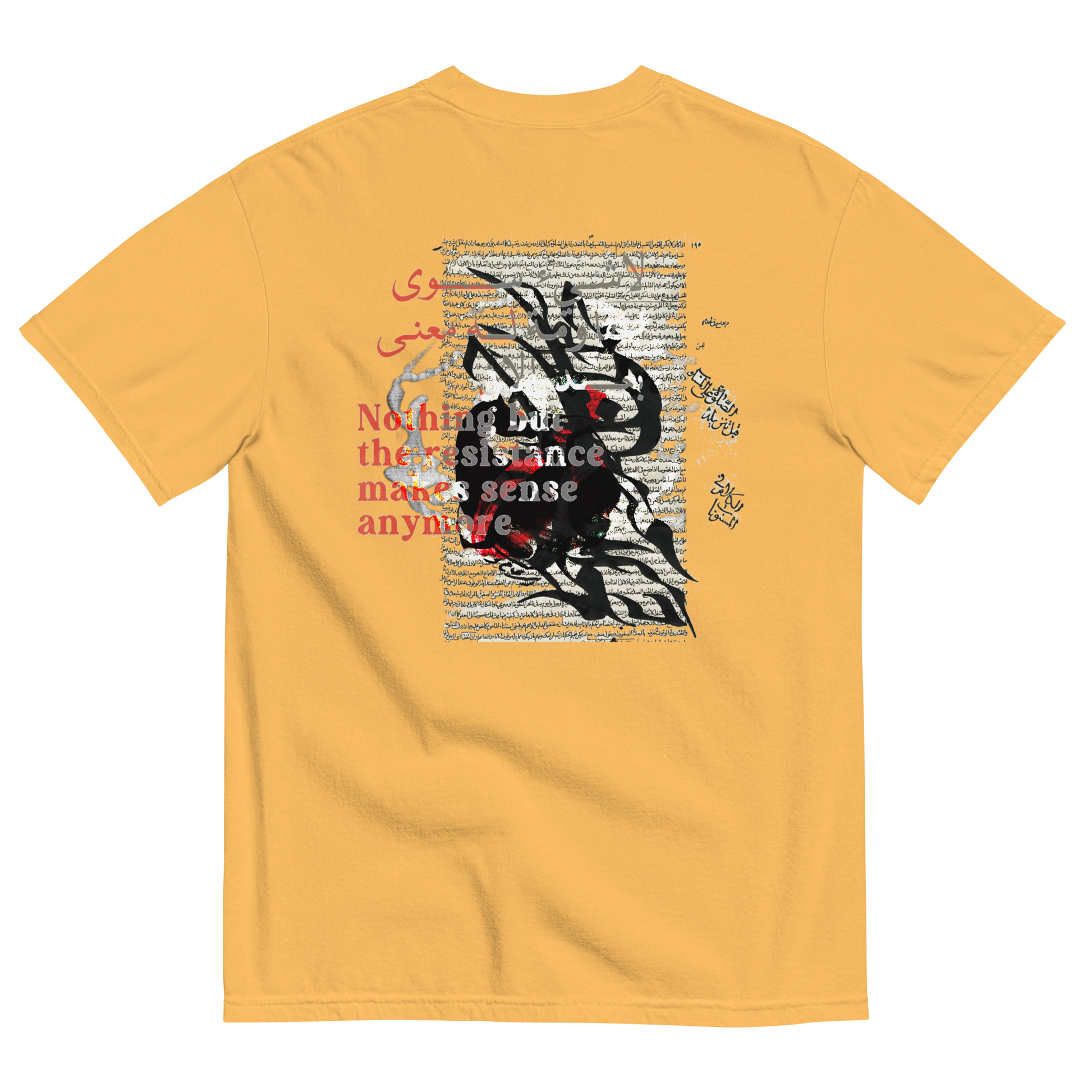 Yellow t-shirt with surreal design of a bunny & text on the back & over, with symbols