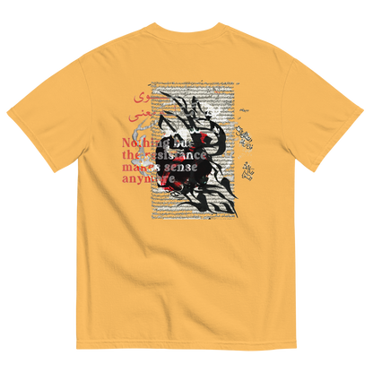 Yellow t-shirt with surreal design of a bunny & text on the back & over, with symbols