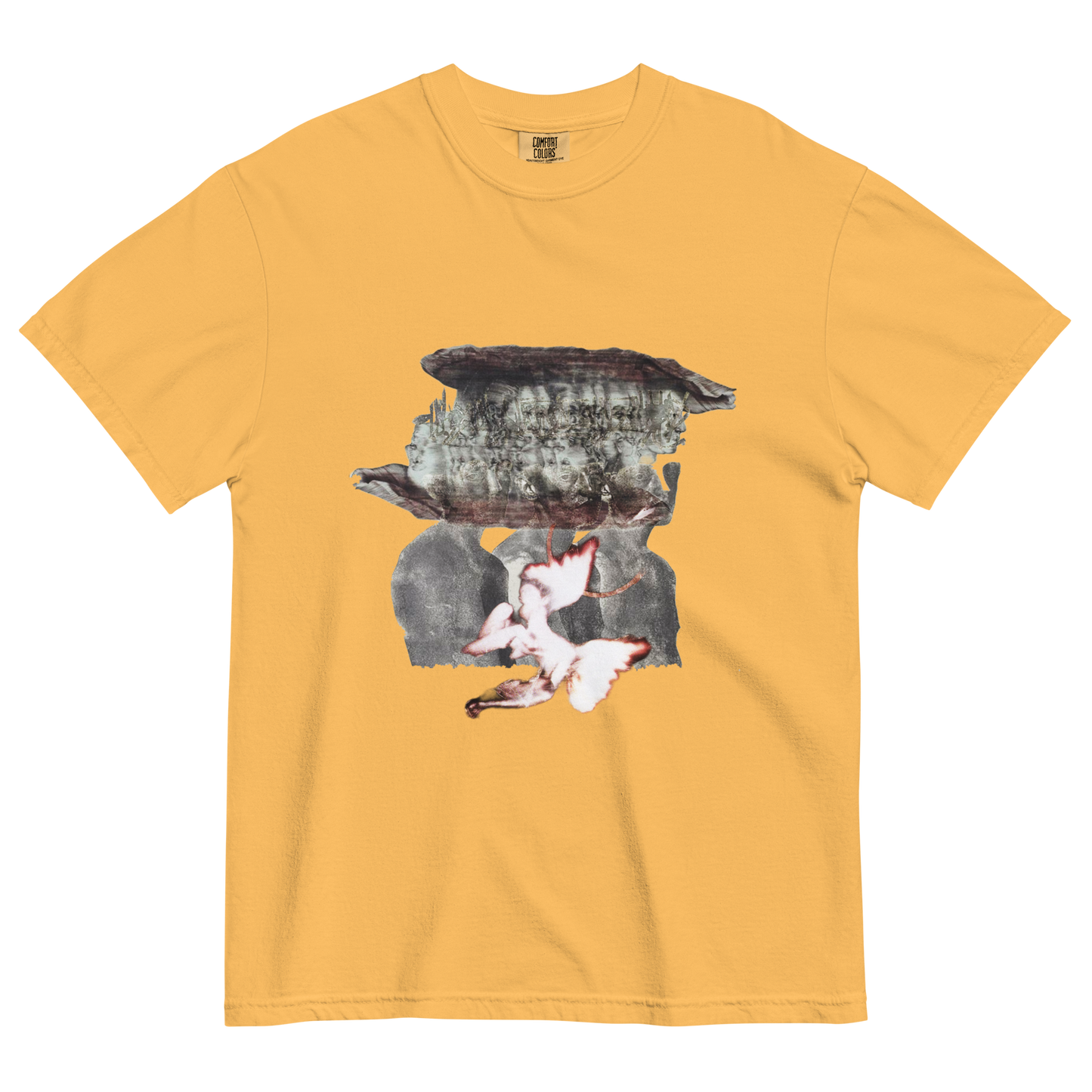 Yellow t-shirt with a surreal design of people and forest elements