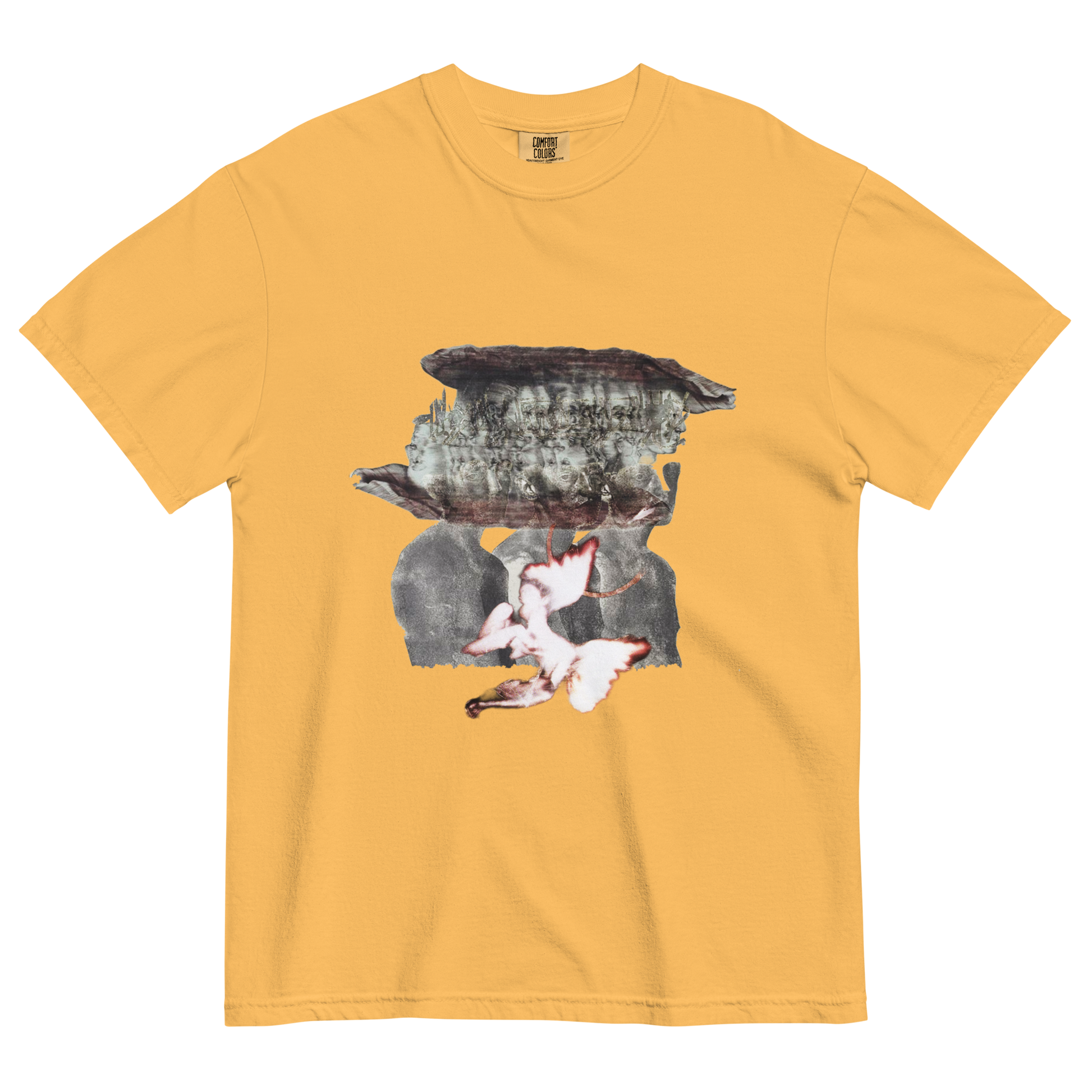 Yellow t-shirt with a surreal design of people and forest elements