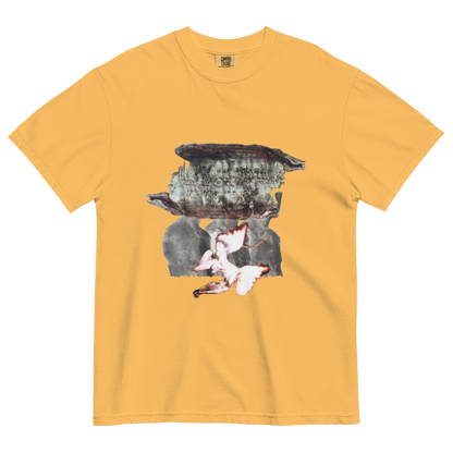 Yellow t-shirt with a surreal design of people and forest elements