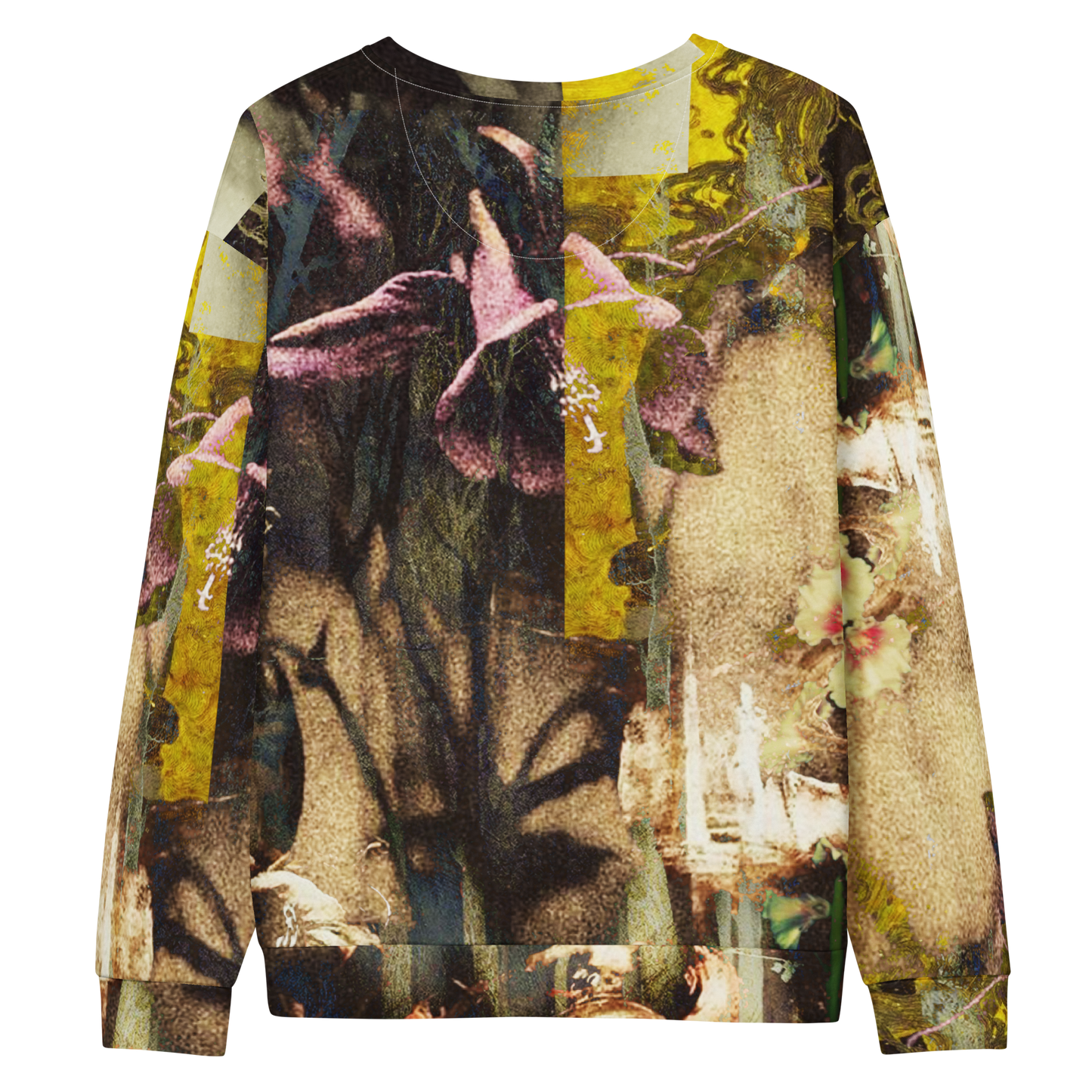 A crewneck sweatshirt featuring an all-over abstract floral collage print with purple flowers, yellow blocks, and textured beige and brown tones, shown against a plain white background.