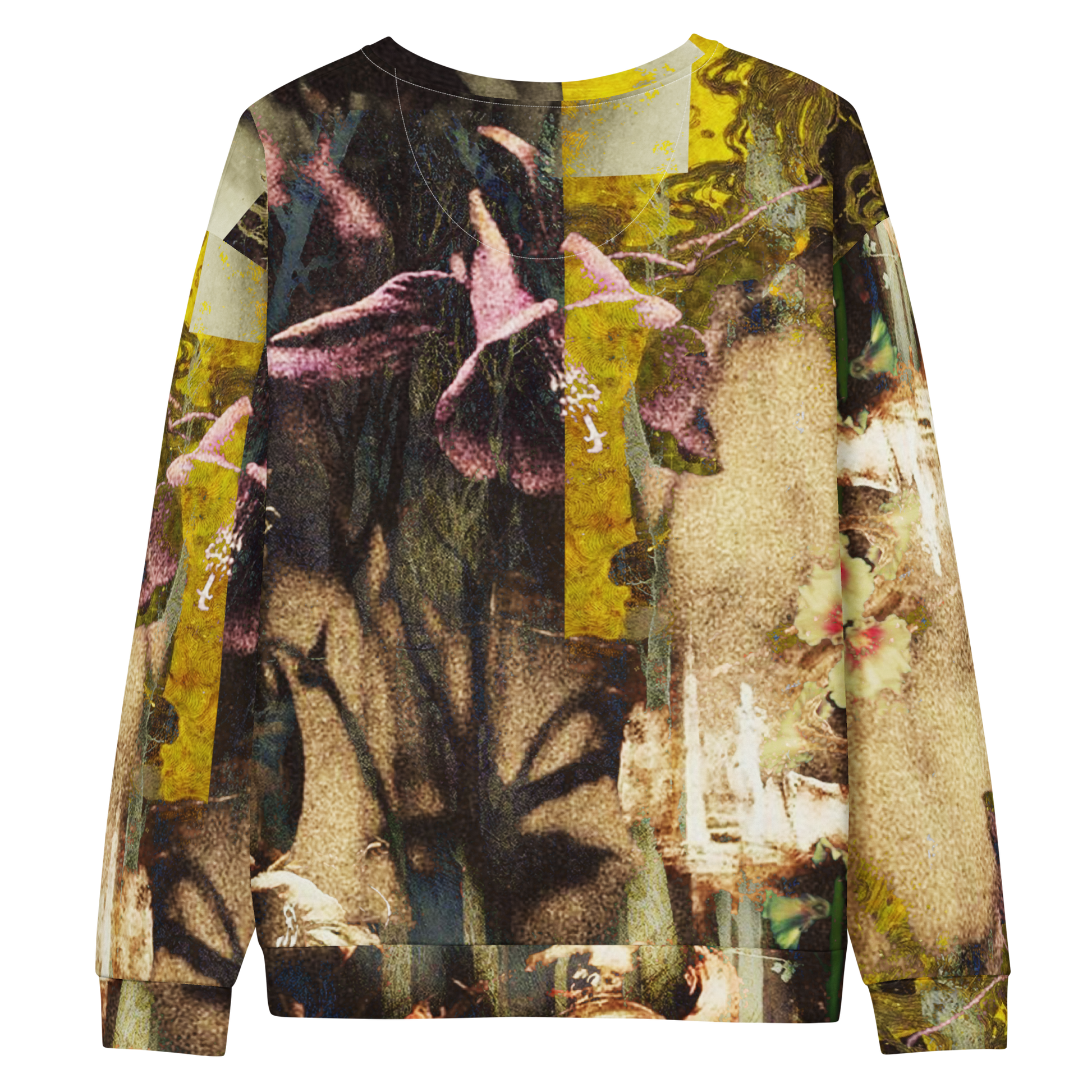 A crewneck sweatshirt featuring an all-over abstract floral collage print with purple flowers, yellow blocks, and textured beige and brown tones, shown against a plain white background.