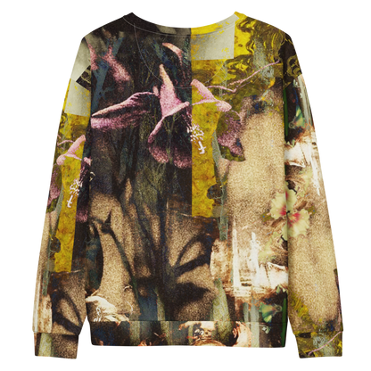 A crewneck sweatshirt featuring an all-over abstract floral collage print with purple flowers, yellow blocks, and textured beige and brown tones, shown against a plain white background.