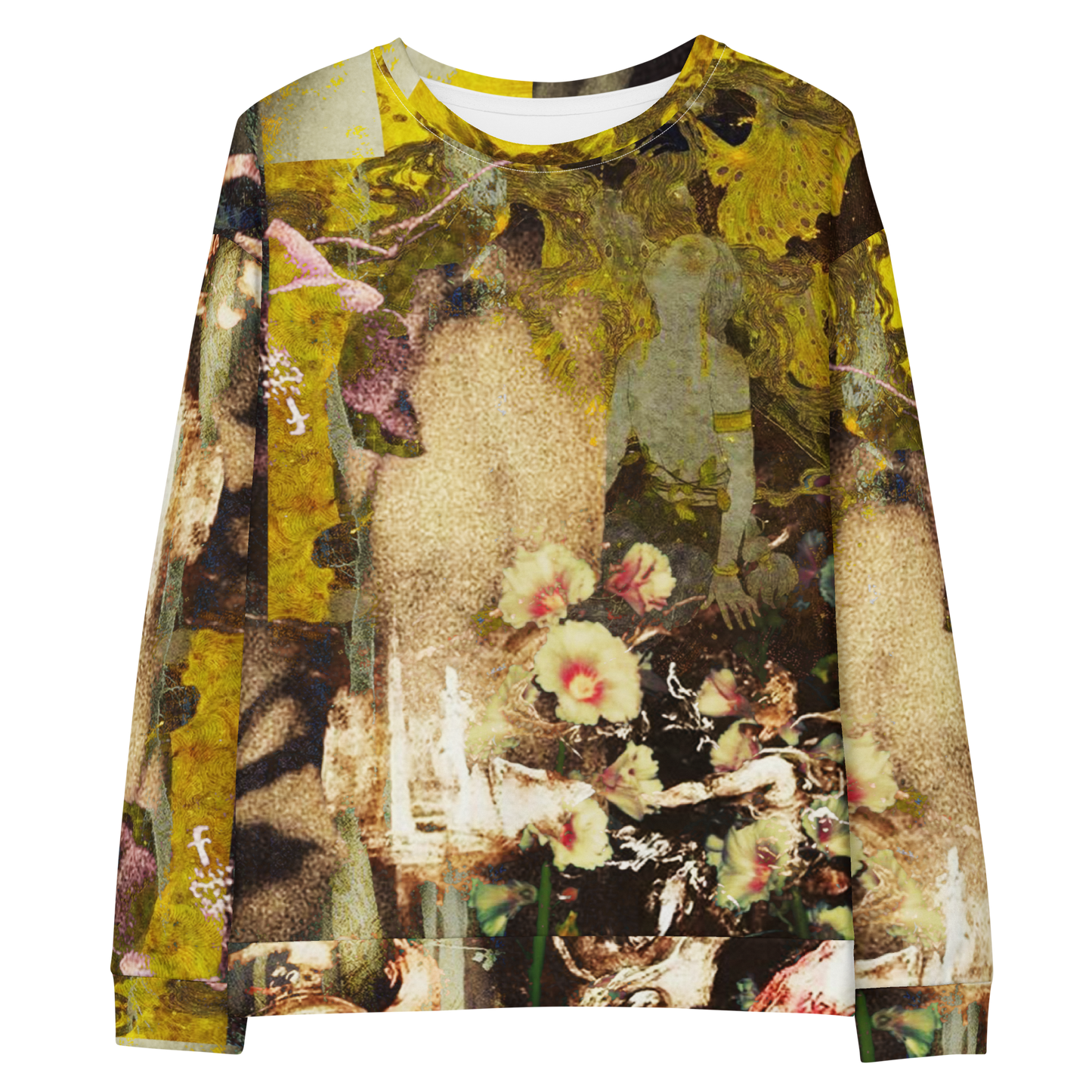 A long-sleeve crewneck sweatshirt featuring a complex collage print with yellow, beige, brown, and pink floral elements, shown flat against a white background.